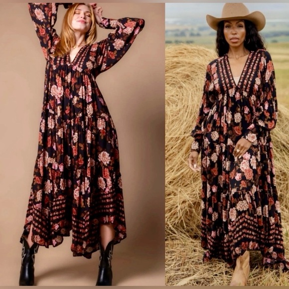 Free People Rows of Roses Maxi, Black Combo Red Pink Flowers Women’s Size XS - Picture 6 of 15